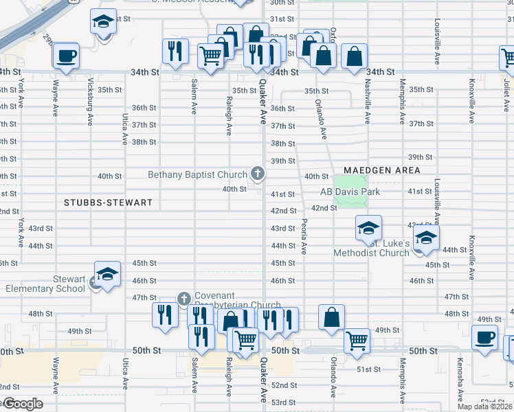 map of restaurants, bars, coffee shops, grocery stores, and more near 4406 42nd Street in Lubbock