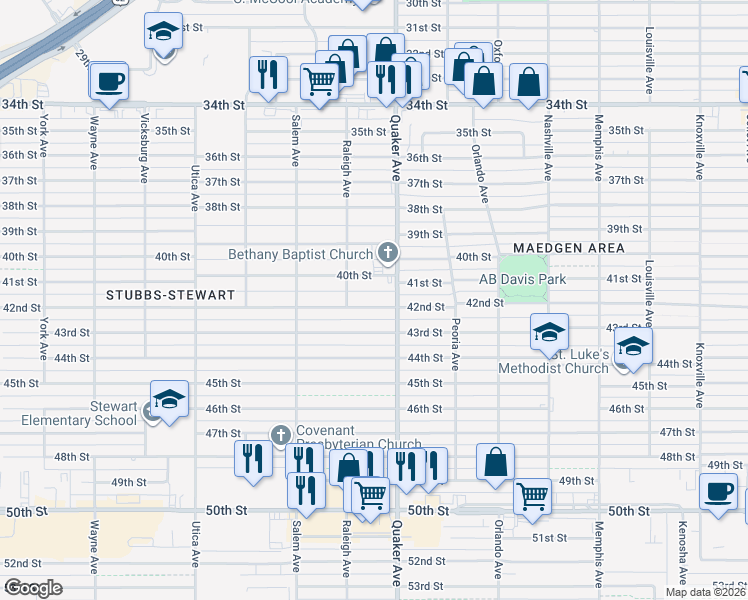 map of restaurants, bars, coffee shops, grocery stores, and more near 4412 42nd Street in Lubbock