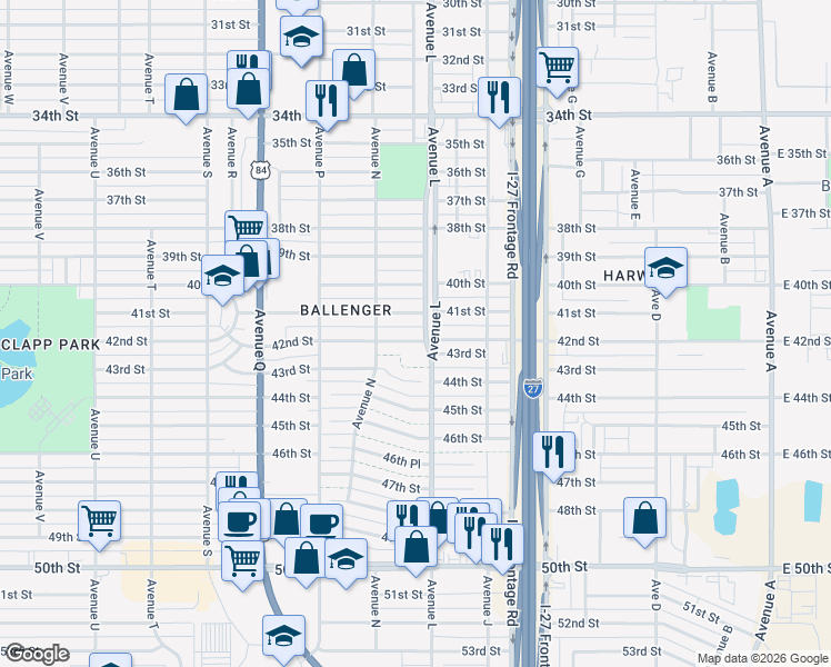 map of restaurants, bars, coffee shops, grocery stores, and more near 1310 42nd Street in Lubbock