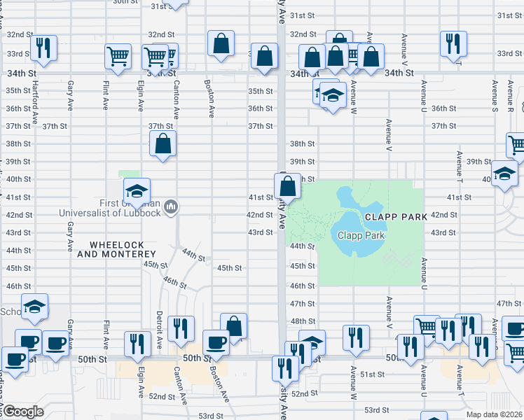 map of restaurants, bars, coffee shops, grocery stores, and more near 2503 41st Street in Lubbock