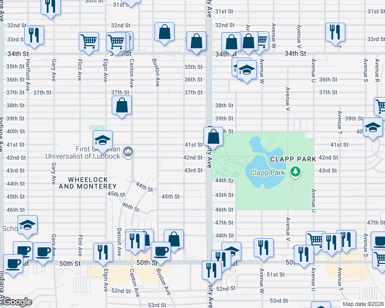 map of restaurants, bars, coffee shops, grocery stores, and more near 2522 42nd Street in Lubbock