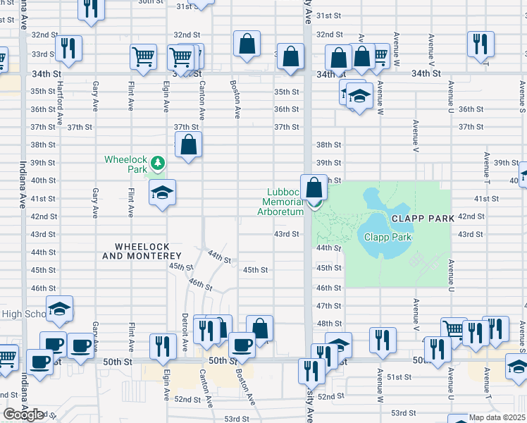map of restaurants, bars, coffee shops, grocery stores, and more near 2522 42nd Street in Lubbock