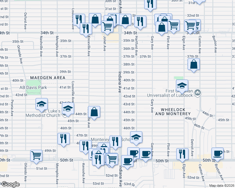 map of restaurants, bars, coffee shops, grocery stores, and more near 3314 42nd Street in Lubbock