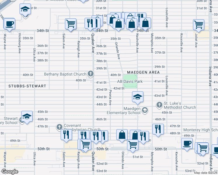 map of restaurants, bars, coffee shops, grocery stores, and more near 4216 42nd Street in Lubbock