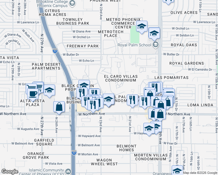 map of restaurants, bars, coffee shops, grocery stores, and more near 8246 North 22nd Drive in Phoenix