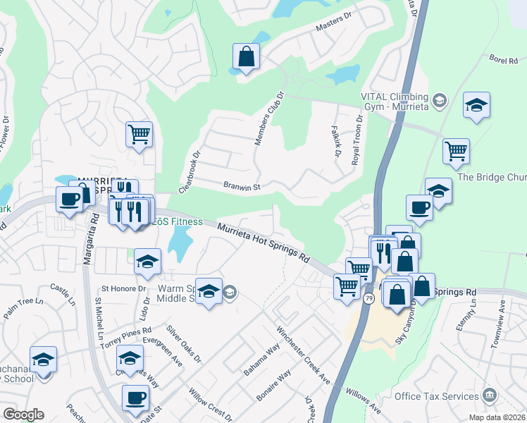 map of restaurants, bars, coffee shops, grocery stores, and more near 29338 Calle Gaviota in Murrieta