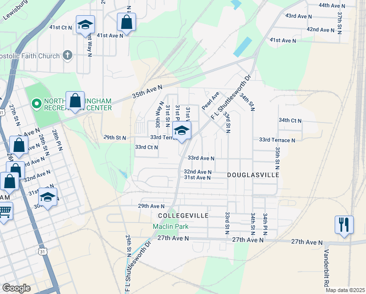 map of restaurants, bars, coffee shops, grocery stores, and more near 3300 F L Shuttlesworth Drive in Birmingham