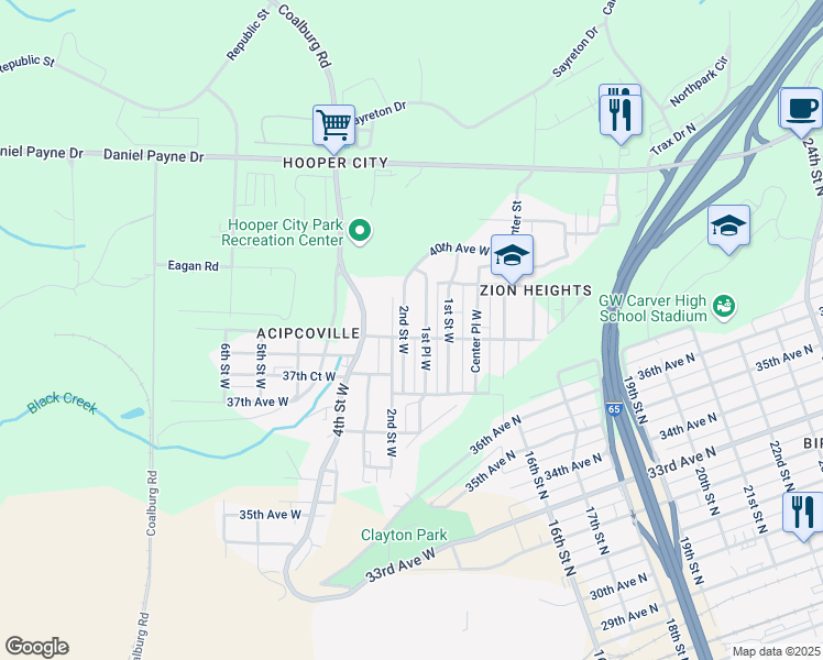 map of restaurants, bars, coffee shops, grocery stores, and more near 3810 2nd Place West in Birmingham