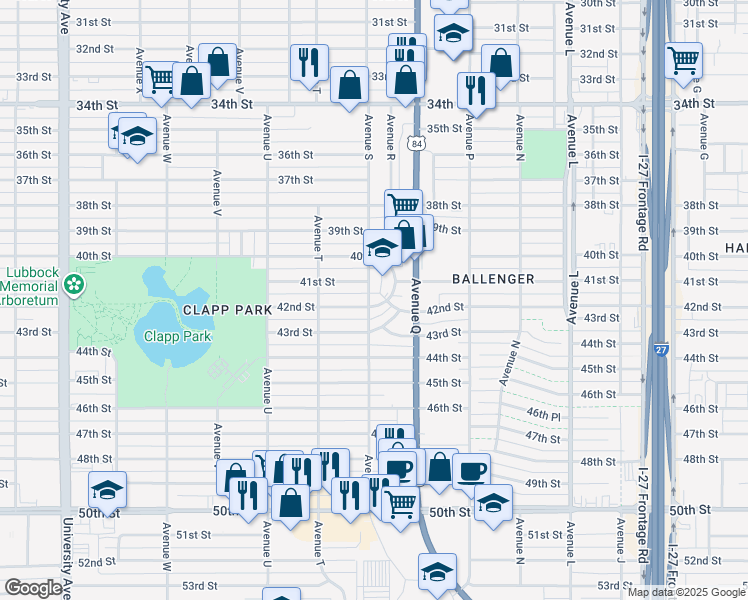 map of restaurants, bars, coffee shops, grocery stores, and more near 4108 Avenue S in Lubbock