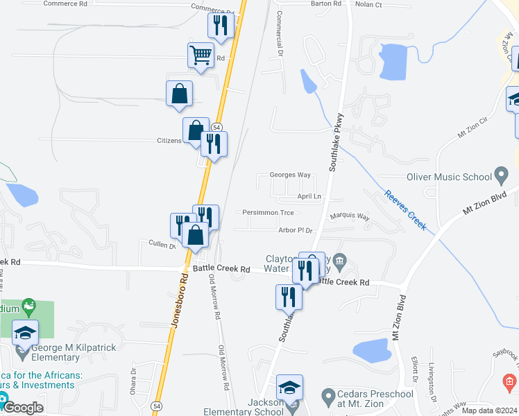 map of restaurants, bars, coffee shops, grocery stores, and more near 1466 Persimmon Trace in Morrow