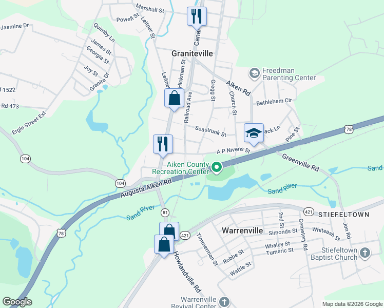 map of restaurants, bars, coffee shops, grocery stores, and more near 317 Railroad Street in Graniteville