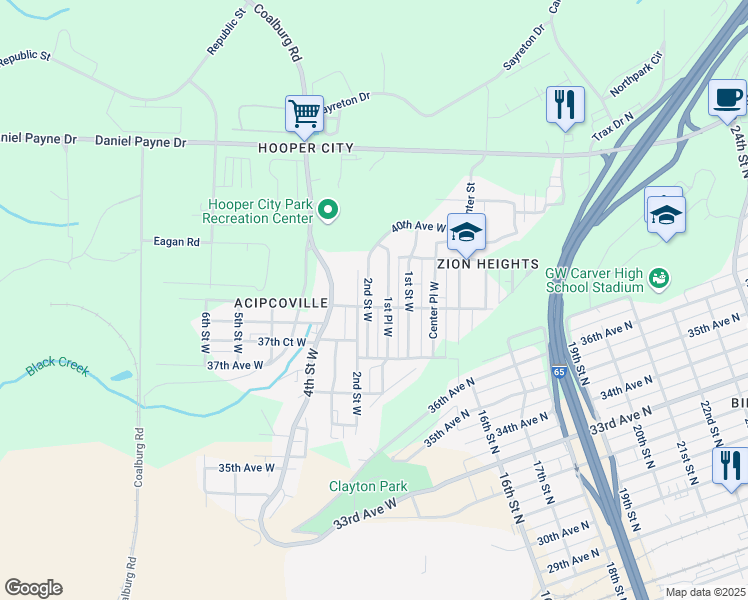 map of restaurants, bars, coffee shops, grocery stores, and more near 3810 2nd Place West in Birmingham