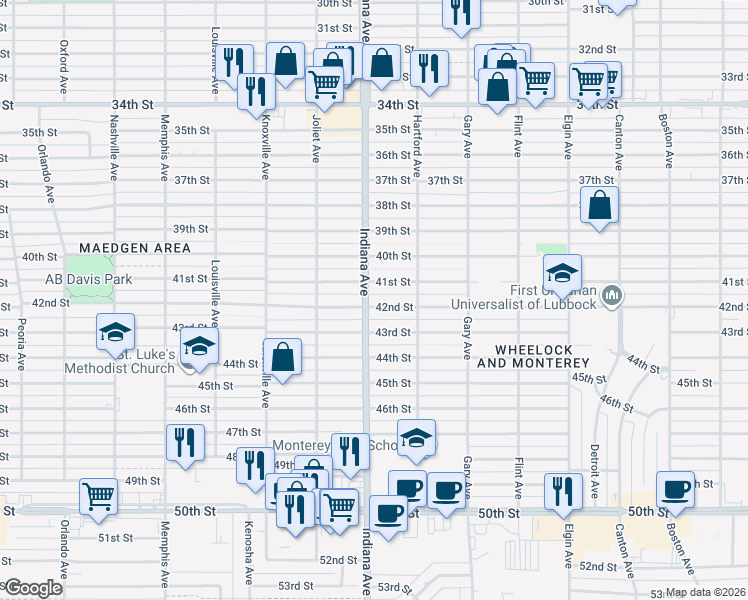 map of restaurants, bars, coffee shops, grocery stores, and more near 3314 42nd Street in Lubbock