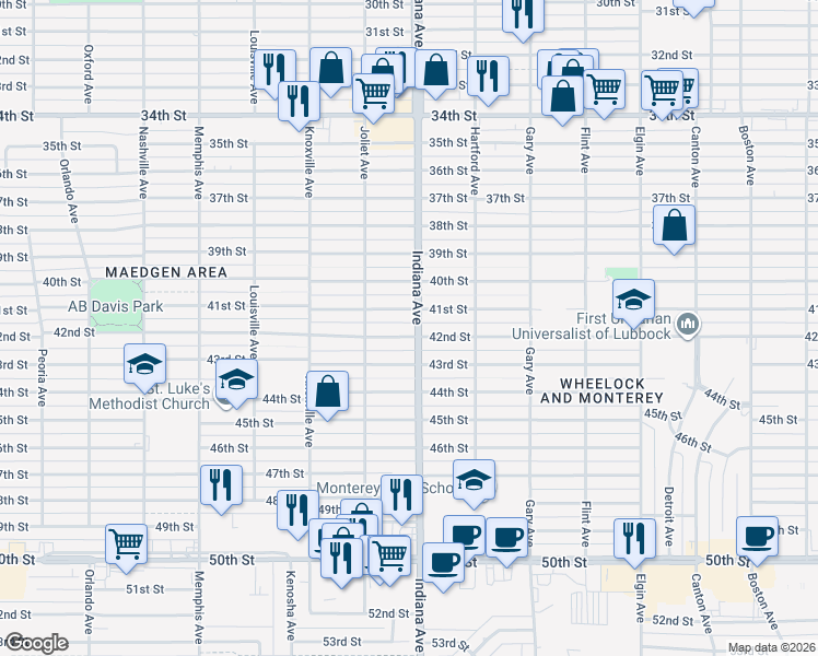map of restaurants, bars, coffee shops, grocery stores, and more near 3314 42nd Street in Lubbock