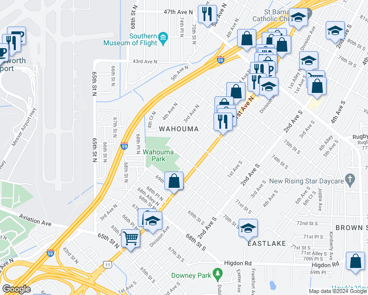 map of restaurants, bars, coffee shops, grocery stores, and more near 7112 2nd Avenue North in Birmingham