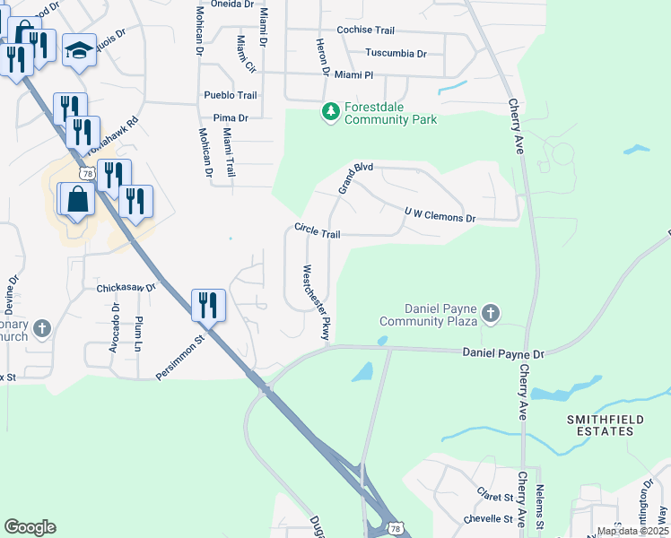 map of restaurants, bars, coffee shops, grocery stores, and more near 1129 Grand Boulevard in Birmingham