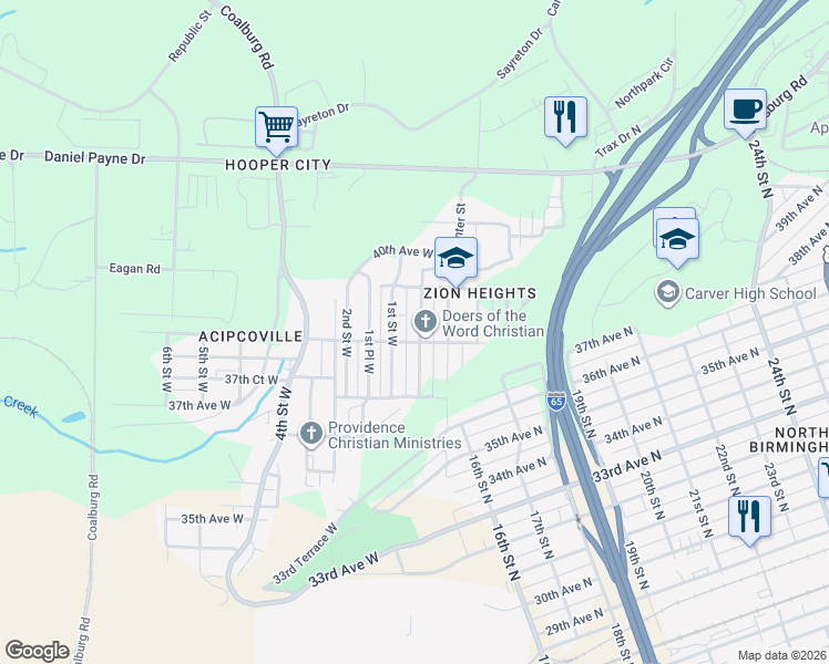 map of restaurants, bars, coffee shops, grocery stores, and more near 3804 Center Place West in Birmingham