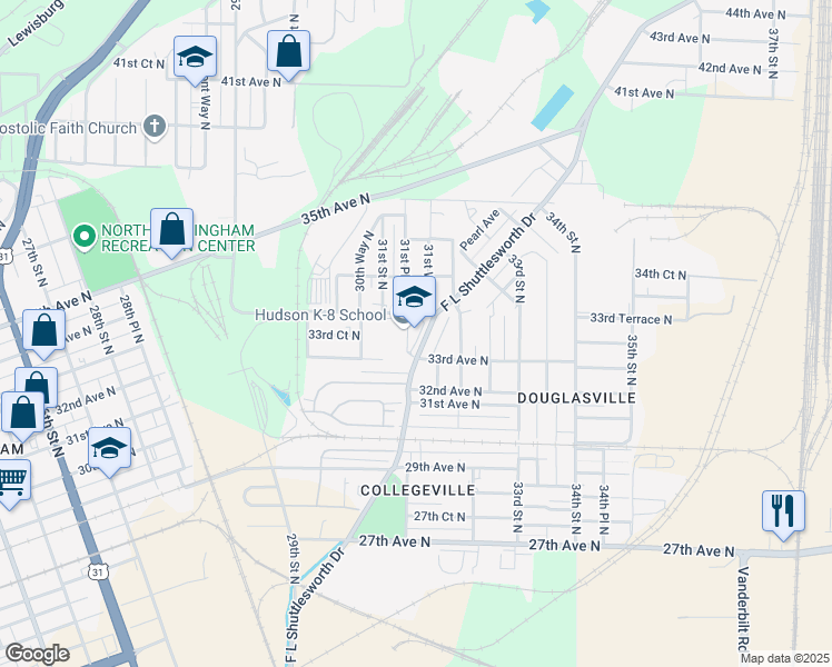map of restaurants, bars, coffee shops, grocery stores, and more near 3300 F L Shuttlesworth Drive in Birmingham