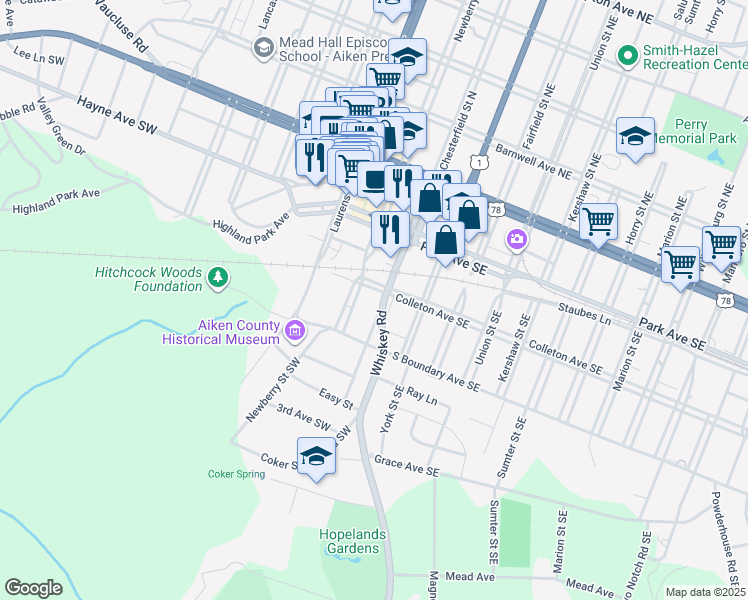 map of restaurants, bars, coffee shops, grocery stores, and more near 111 Colleton Avenue Southwest in Aiken