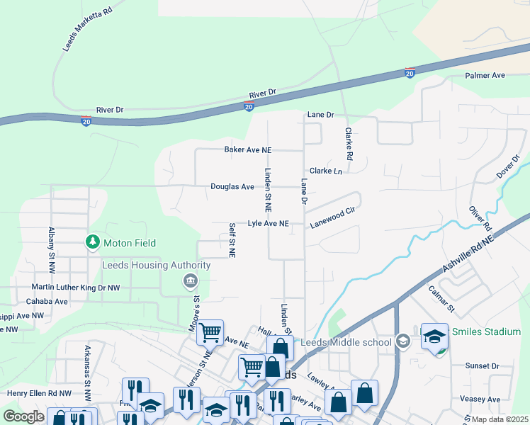 map of restaurants, bars, coffee shops, grocery stores, and more near 1824 Linden Street Northeast in Leeds