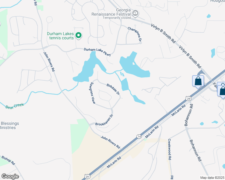 map of restaurants, bars, coffee shops, grocery stores, and more near 600 Birkdale Drive in Fairburn