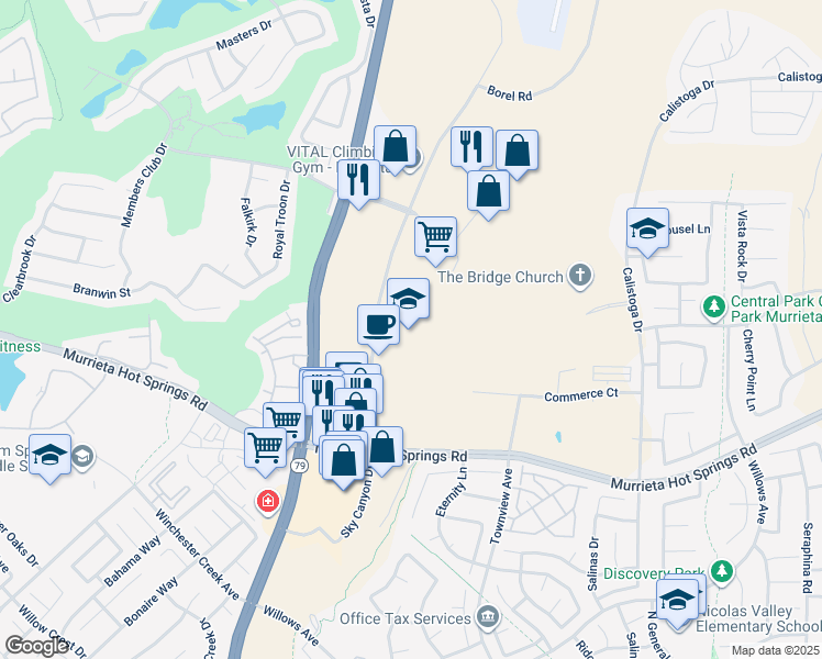 map of restaurants, bars, coffee shops, grocery stores, and more near 38740 Sky Canyon Drive in Murrieta