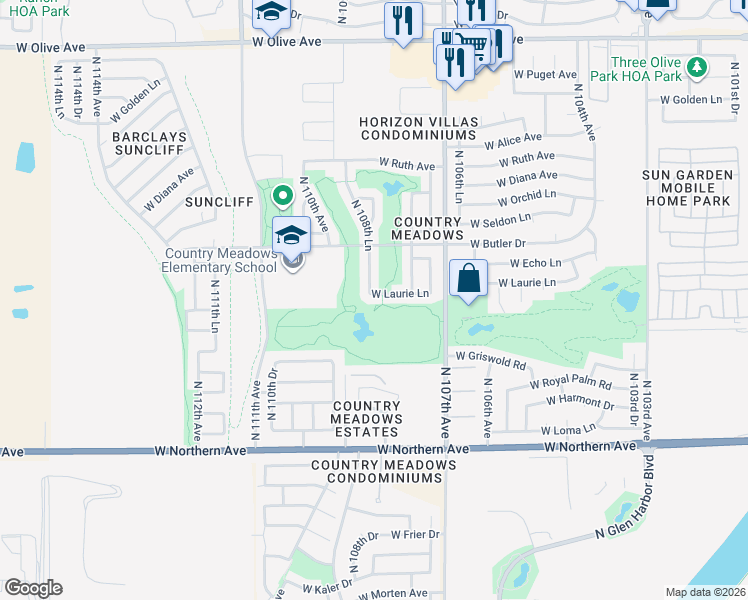 map of restaurants, bars, coffee shops, grocery stores, and more near 10837 West Laurie Lane in Peoria