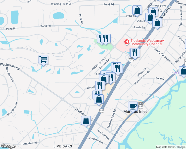 map of restaurants, bars, coffee shops, grocery stores, and more near 4322 Lotus Court in Murrells Inlet