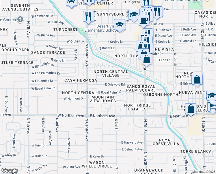 map of restaurants, bars, coffee shops, grocery stores, and more near 203 East Griswold Road in Phoenix