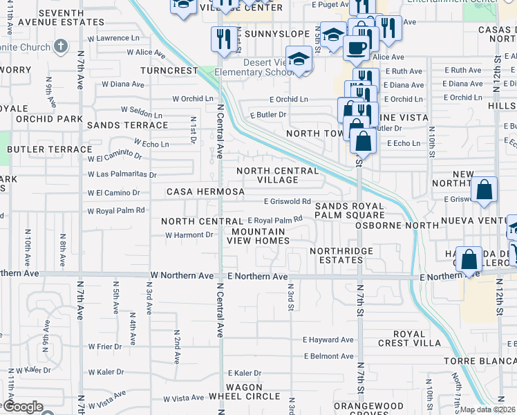 map of restaurants, bars, coffee shops, grocery stores, and more near 203 East Griswold Road in Phoenix