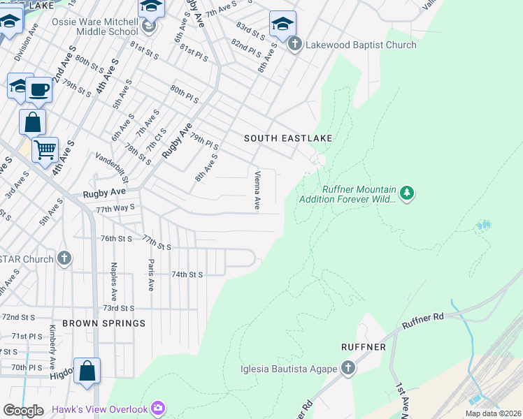 map of restaurants, bars, coffee shops, grocery stores, and more near 901 Vanderbilt Street in Birmingham