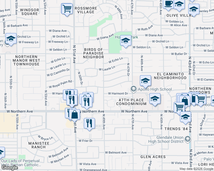 map of restaurants, bars, coffee shops, grocery stores, and more near 4839 West Las Palmaritas Drive in Glendale