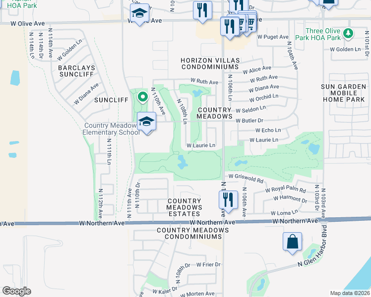 map of restaurants, bars, coffee shops, grocery stores, and more near 10837 West Laurie Lane in Peoria