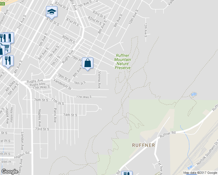 map of restaurants, bars, coffee shops, grocery stores, and more near 923 Vanderbilt Street in Birmingham