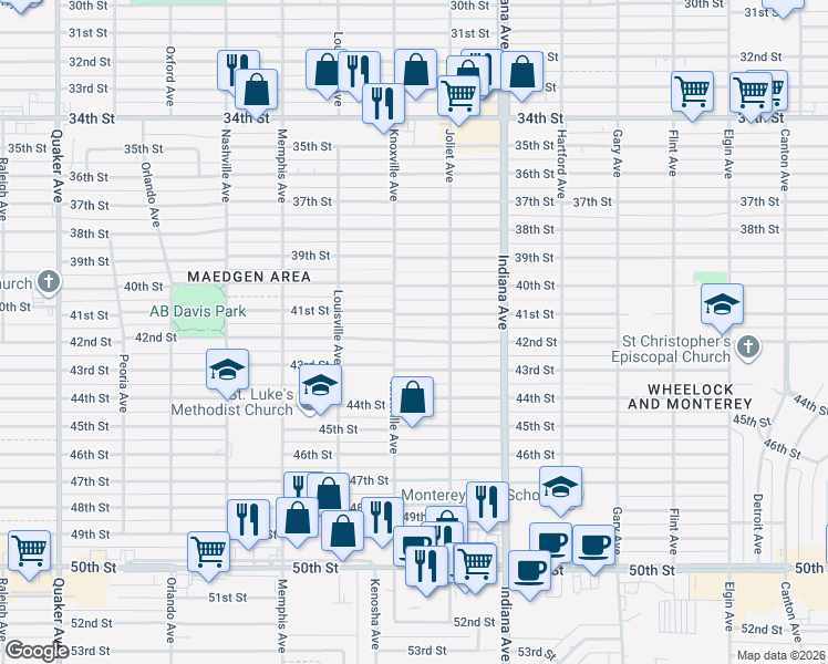 map of restaurants, bars, coffee shops, grocery stores, and more near 3514 42nd Street in Lubbock