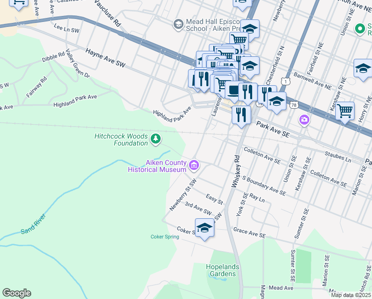 map of restaurants, bars, coffee shops, grocery stores, and more near 333 Laurens Street Southwest in Aiken