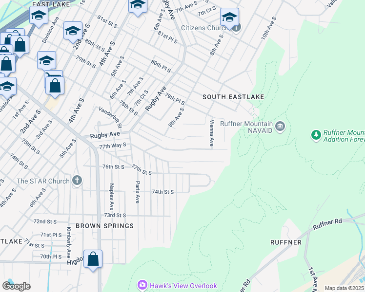 map of restaurants, bars, coffee shops, grocery stores, and more near 843 Vanderbilt Street in Birmingham