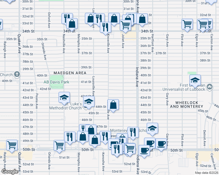 map of restaurants, bars, coffee shops, grocery stores, and more near 3520 42nd Street in Lubbock
