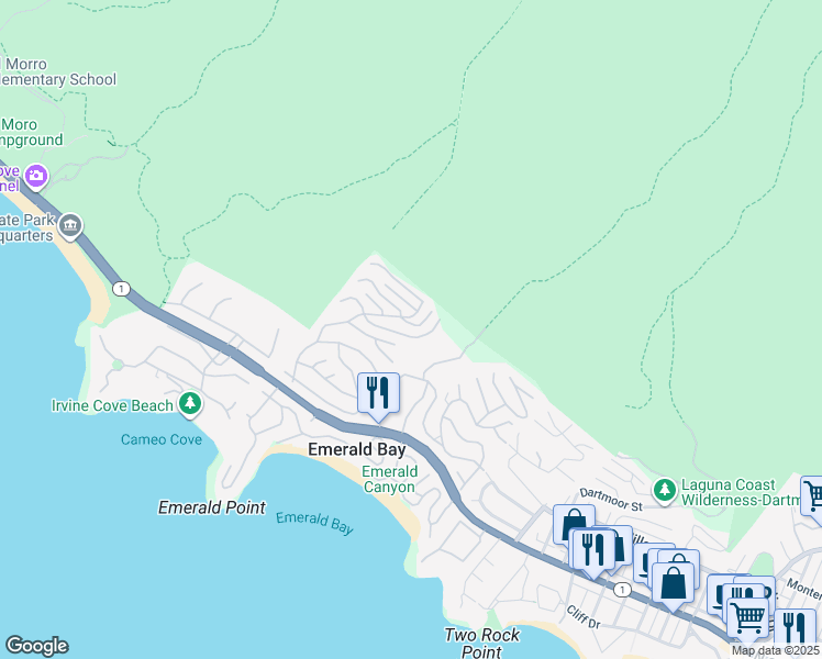 map of restaurants, bars, coffee shops, grocery stores, and more near 1219 Cross Haven Road in Laguna Beach