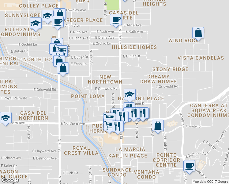 map of restaurants, bars, coffee shops, grocery stores, and more near 8141 North 11th Place in Phoenix