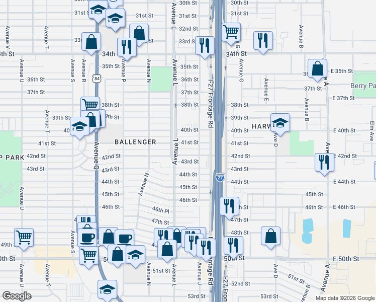 map of restaurants, bars, coffee shops, grocery stores, and more near 1104 42nd Street in Lubbock