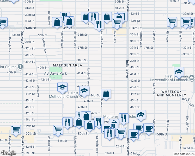 map of restaurants, bars, coffee shops, grocery stores, and more near 3612 42nd Street in Lubbock