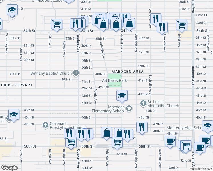 map of restaurants, bars, coffee shops, grocery stores, and more near 4202 42nd Street in Lubbock