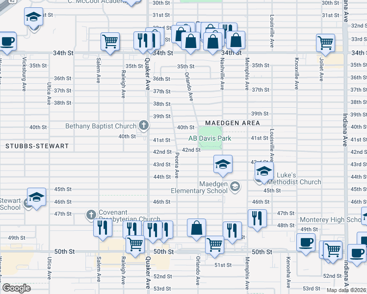 map of restaurants, bars, coffee shops, grocery stores, and more near 4216 42nd Street in Lubbock