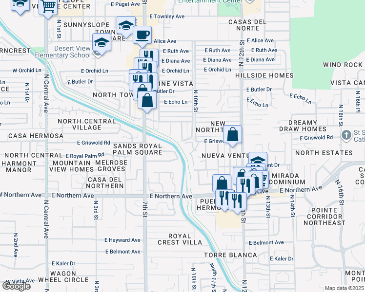 map of restaurants, bars, coffee shops, grocery stores, and more near 8202 North 9th Street in Phoenix
