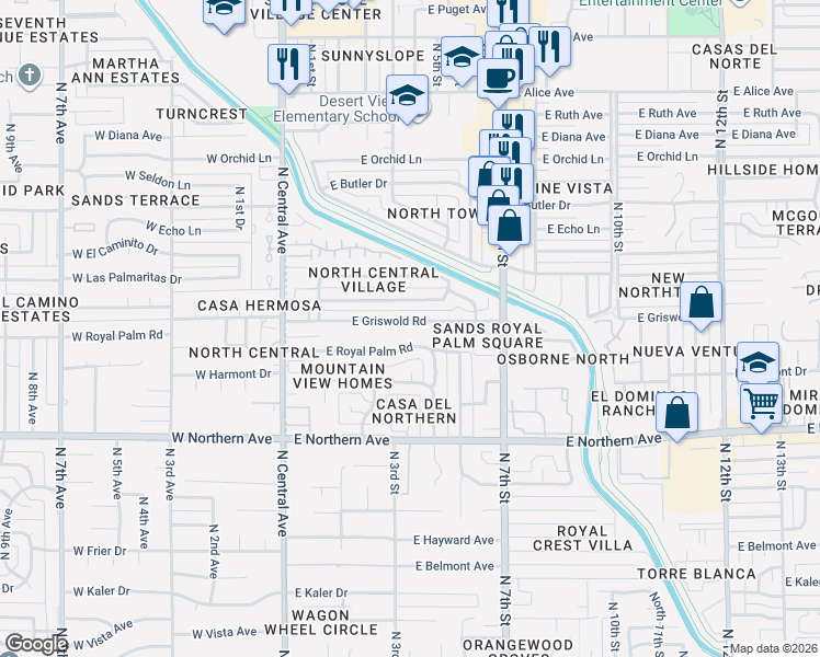 map of restaurants, bars, coffee shops, grocery stores, and more near 301 East Griswold Road in Phoenix