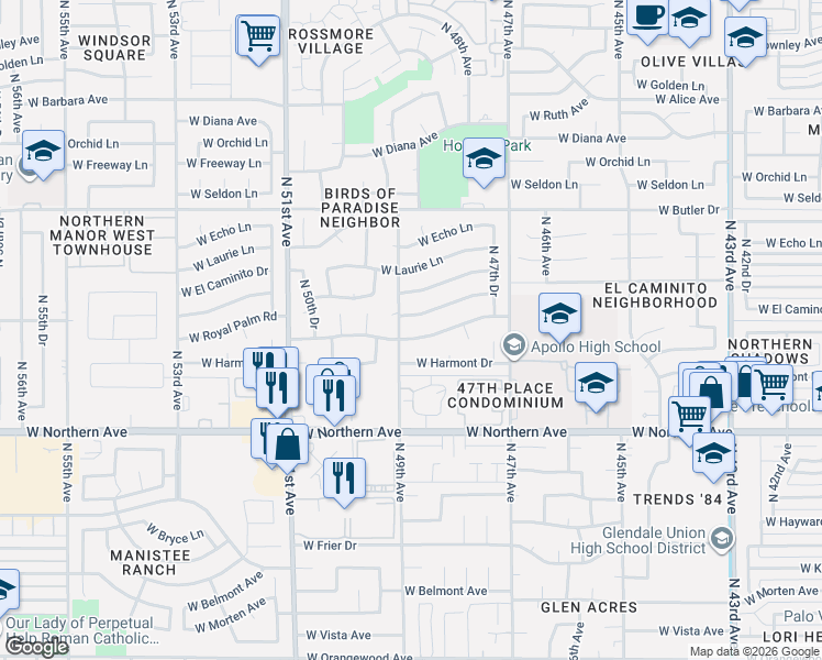 map of restaurants, bars, coffee shops, grocery stores, and more near 4839 West Las Palmaritas Drive in Glendale