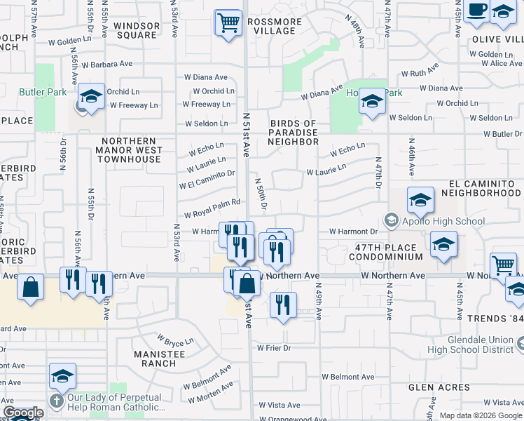 map of restaurants, bars, coffee shops, grocery stores, and more near 5032 West Royal Palm Road in Glendale