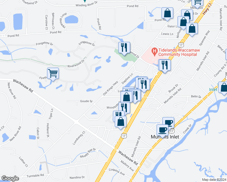 map of restaurants, bars, coffee shops, grocery stores, and more near 4319 Lotus Court in Murrells Inlet