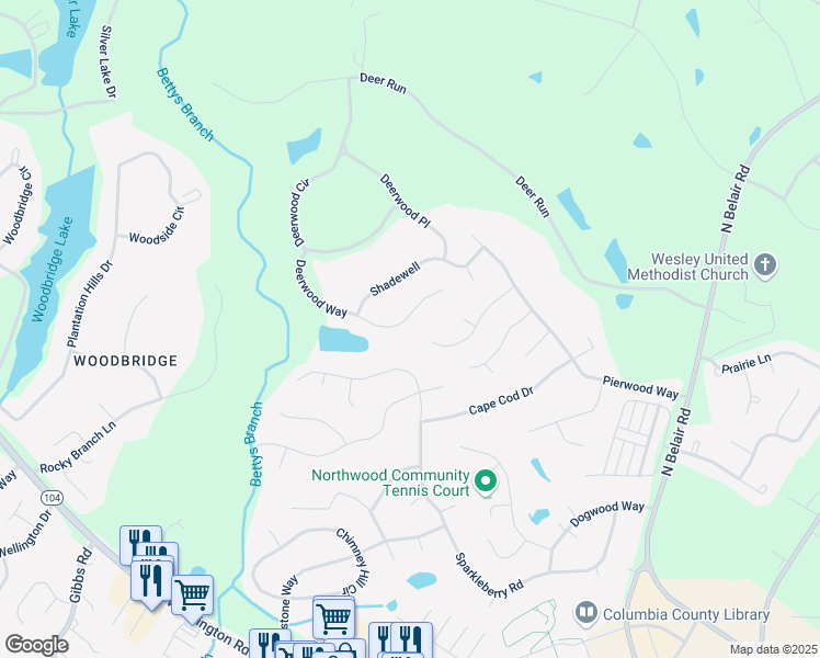 map of restaurants, bars, coffee shops, grocery stores, and more near 656 Deerwood Way in Evans